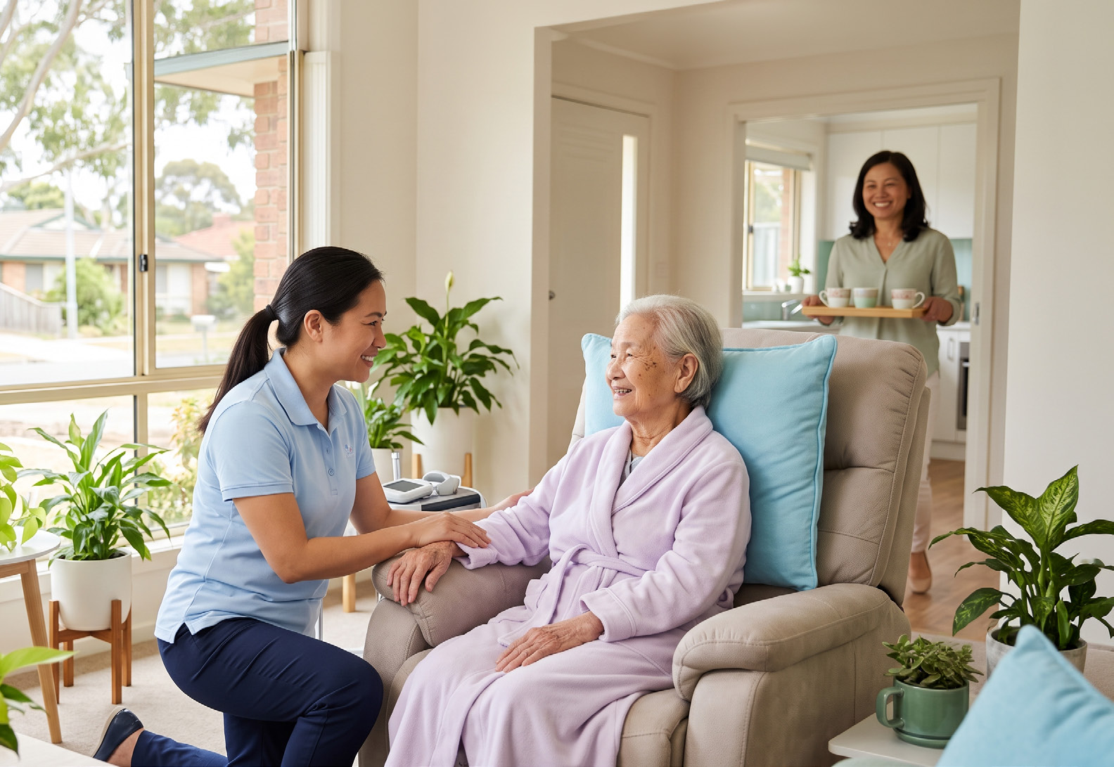 A nurse supporting an older client in her home