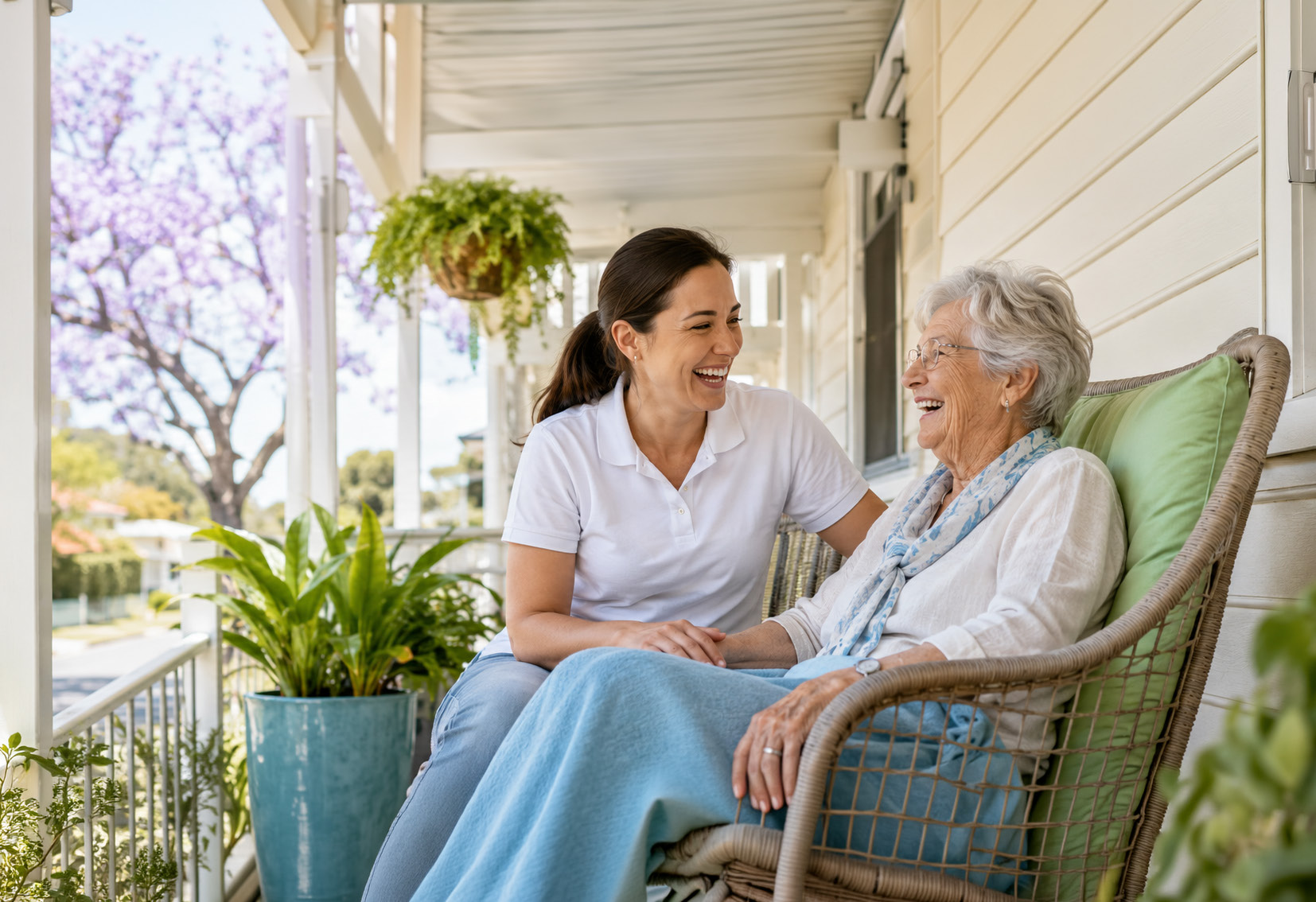 A nurse and an older client sharing a warm conversation at home